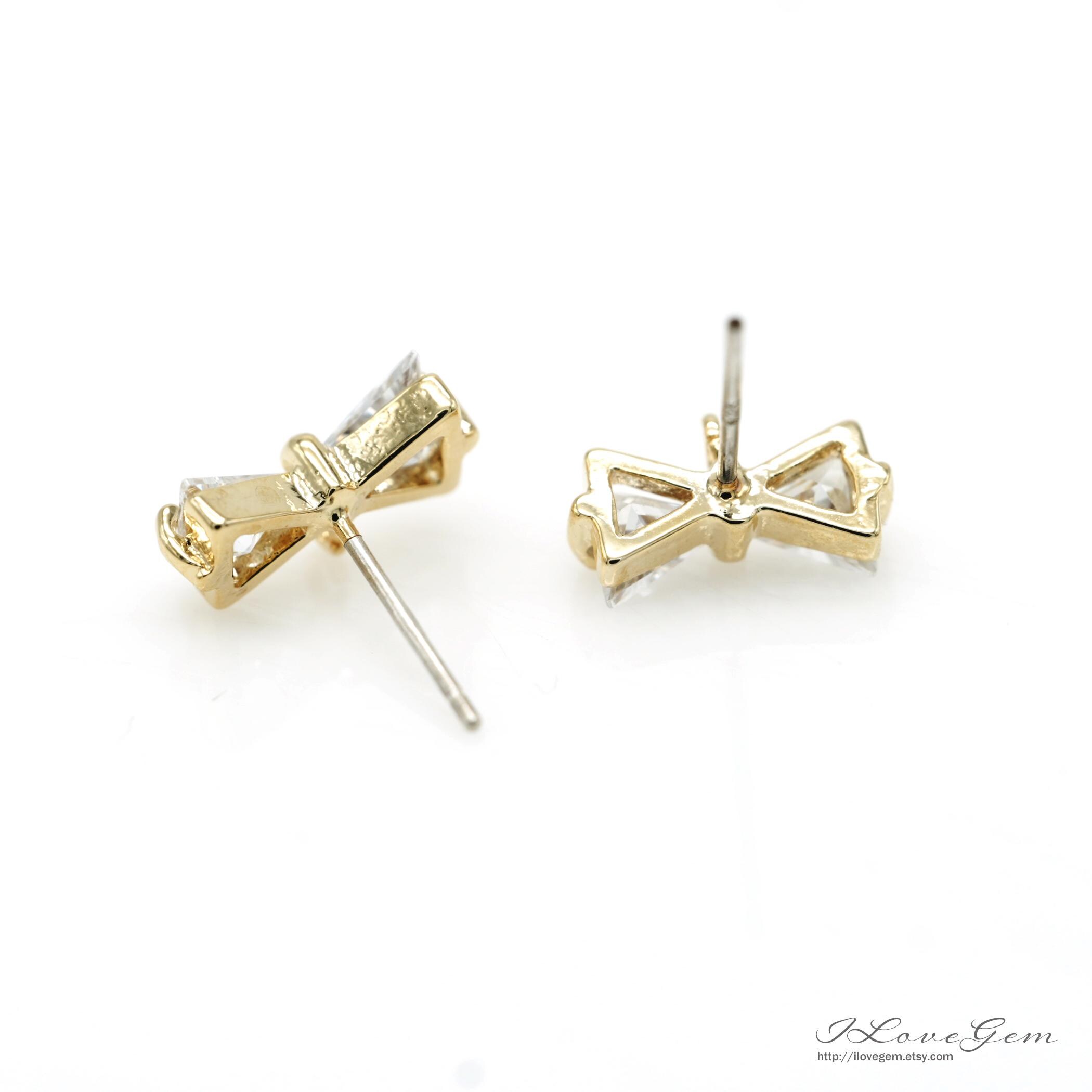 2pcs, Mini CZ Bow Stud Earrings, NP-2577, Nickel Free Gold