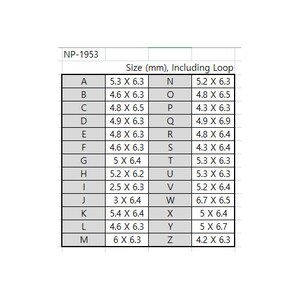 May include: A chart showing the size in millimeters of different loop sizes, including the loop. The chart is labeled "NP-1953" and "Size (mm), Including Loop". The sizes range from 2.5 x 6.3 mm to 6.7 x 6.5 mm.