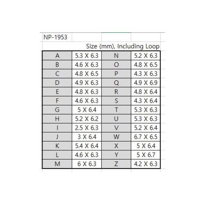 May include: A chart showing the size in millimeters of different loop sizes, including the loop. The chart is labeled "NP-1953" and "Size (mm), Including Loop". The sizes range from 2.5 x 6.3 mm to 6.7 x 6.5 mm.