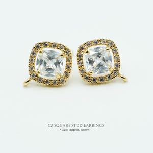 NP-1601, Gold Plated over Brass, Square cubic earrings, Small cz embedded around main CZ stone, Bridesmaid Earrings, 925 silver post