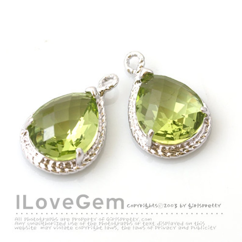 SALE 10pcs B083 Rhodium plated Peridot Green Framed Glass Pear Cut drop pendant
