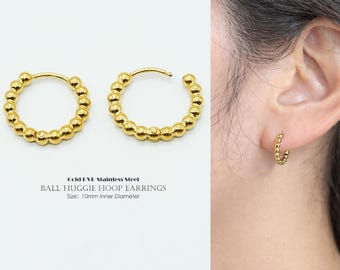 2PCS- Gold PVD Stainless Steel, NP-2562, Ball Huggie Hoop Earrings, 10mm Inner Diameter