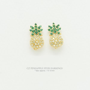 2PCS- CZ Pineapple Stud Earrings, NP-2160, Nickel Free Gold Plated Brass, 7X13mm, Fruit Earrings Supply