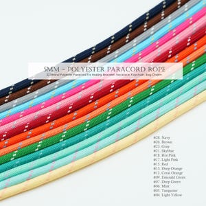 May include: A collection of 5mm polyester paracord ropes in various colors including navy, brown, gray, skyblue, hot pink, light pink, red, deep orange, coral orange, emerald green, deep green, mint, turquoise, and light yellow with white flecks.
