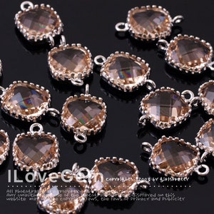 P106 Rhodium plated, Peach, Champagne, 9mm Glass Square, Framed Glass connector, 2pcs
