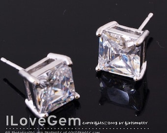 P1482 Nickel free Rhodium plated, 9mm Square Cubic Zirconia earring, 925 sterling silver post, 2pcs