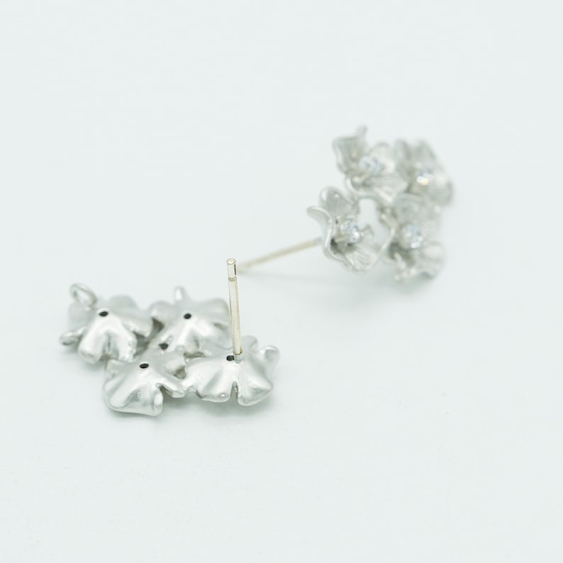 Flower Cluster Stud Earrings, P1003, Matte Rhodium plated Brass, 15X20.5mm, Floral Earrings with CZ, Botanical Jewelry Supplies image 4