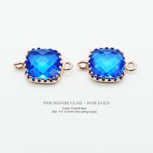 P106, Rose Gold Plated, Cobalt Blue, 9mm Glass Square, Framed Glass connector, Glass Pendant