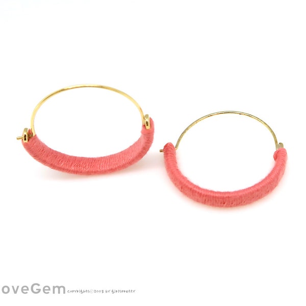 2pcs, NP-2011, Coral cotton wrapped, Gold Plated, 30mm Hoop Earrings, Earrings Hooks, Ear wires