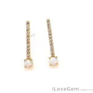 2pcs, NP-2217, Gold Plated, 3mm White Opal, Cubic Bar Earrings, CZ Bar Ear Stud, Opal Earrings, 92.5 sterling silver post