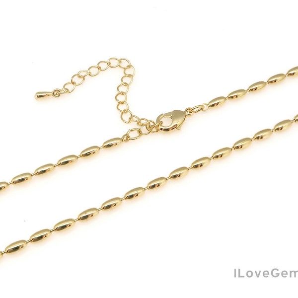 NP-2429, 16" Necklace Chain, Nickel Free Gold Plated, 2.3mm Oval Ball Chain Necklace, 16 inch with 2" Extender Chain, Pre-made Necklace