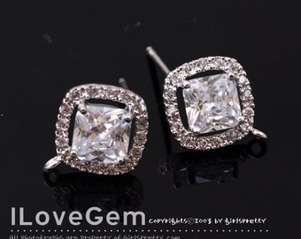 NP-1601 Rhodium over Brass, Square cubic earrings, Small cz embedded around main CZ stone, Bridesmaid Earrings,  925 silver post