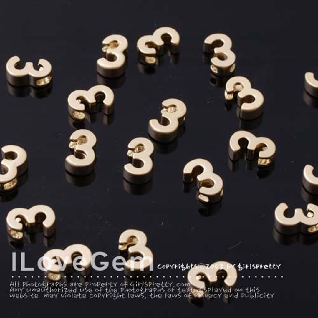 NP1477 Matt Gold Plated, Number, Pendant, Three3, 2pcs / Initial Beads