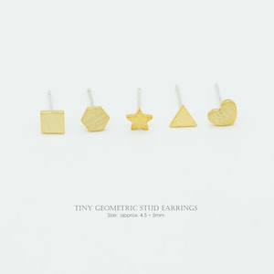 2PCS- Tiny Geometric Stud Earrings, Gold Plated Brass, 4.5~5mm, Minimal Square • Hexagon • Star • Triangle • Heart Shape