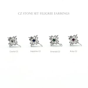 2PCS- CZ Stone Set Filigree Earrings, NP-1943, Rhodium Plated Brass, 8.5mm, Crystal • Sapphire • Emerald • Ruby CZ Accent Ear Stud