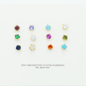 2PCS- Tiny Birthstone Stud Earrings, Gold CZ, 3mm Dainty Earrings [NP-2258]