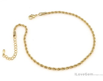 NP-2426, 9" Ankle Bracelet Chain, Nickel Free Gold Plated, 2.5mm Rope Anklet Chain, 9 inch with 1.2" Extender Chain, Gold Rope Anklet