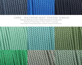 May include: A collection of 1.5mm polyester silky twisted thread cords arranged in a grid of nine colors including slate blue, royal blue, navy, mint, turquoise, olive green, emerald green, warm taupe, and khaki grey for jewelry making.
