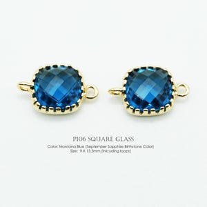 Montana Blue, 9mm Square Glass Connectors, P106, Gold Plated Brass, September Sapphire Birthstone