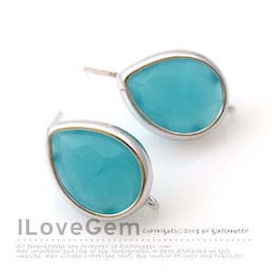 NP-1402 Rhodium plated, Glass Tear drop, Mint Opal earrings, 92.5 sterling silver post, 2pcs