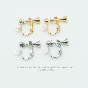 10PCS- Screw Back Clip On Earring Findings with Loop, NP-1955 Plated Brass, 4mm Half ball, Non Pierced Earring Clips, Earrings Supplies