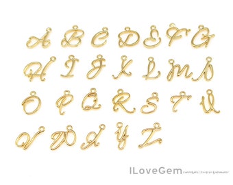 2pcs, Mini Cursive Initial Pendant, Gold Script Letter Charm, Personalized Jewelry Making Supply, NP-2150 Gold Plated Brass