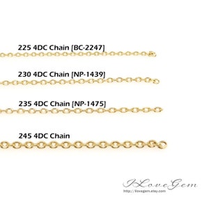 May include: Four gold chains of different lengths, labelled with their measurements and product codes. The chains are 225, 230, 235, and 245 inches long. The product codes are BC-2247, NP-1439, NP-1475, and no code for the last chain. The text "I Love Gem" and a website address are at the bottom of the image.