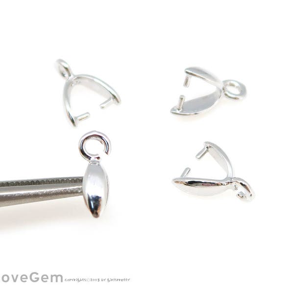 NP-2053, Nickel Free Rhodium Plated over Brass, 9mm Pinch Bails, Mini Ice pick with top loop, Pendant Bails