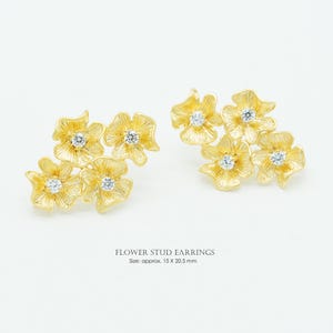Flower Cluster Stud Earrings, P1003, Matte Gold plated Brass, 15X20.5mm, Floral Earrings with CZ, Botanical Jewelry Supplies image 1