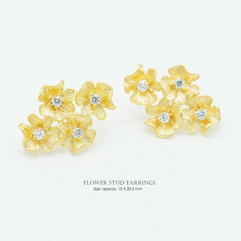 Flower Cluster Stud Earrings, P1003, Matte Gold plated Brass, 15X20.5mm, Floral Earrings with CZ, Botanical Jewelry Supplies image 1