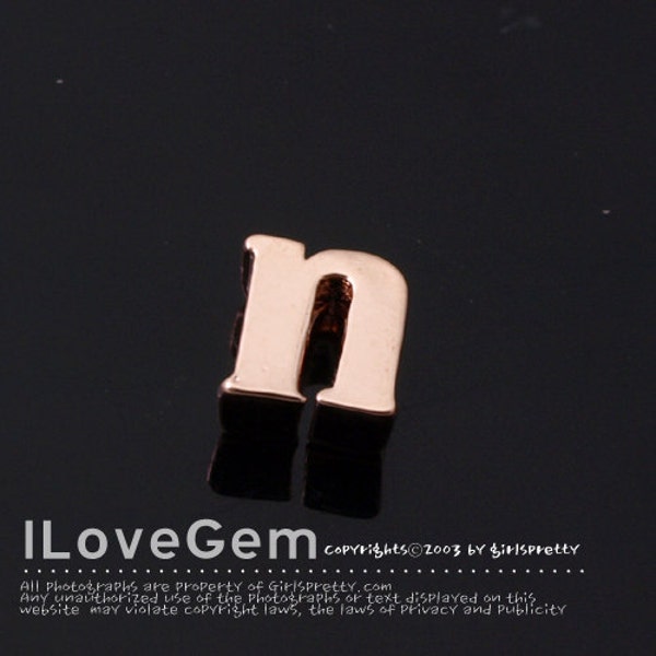 NP-1478 Rose gold initial pendant, Alphabet, Lower case, n, 2pcs / Initial charms, Alphabet beads, Personalized jewelry, Rose gold pendant