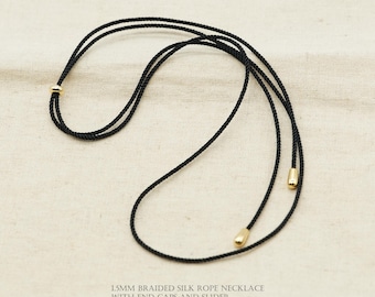 1PCS- Adjustable 1.5mm Braided Silk Polyester Cord Necklace with Gold Plated Teardrop End Caps and Slider, DIY Kit, Cord Necklace, 24 Colors