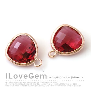 Ruby Color Glass Pendant, P1750, Rose Gold Plated Brass, 13mm Framed Glass Charm, July Ruby Glass Birthstone, Add on Charm