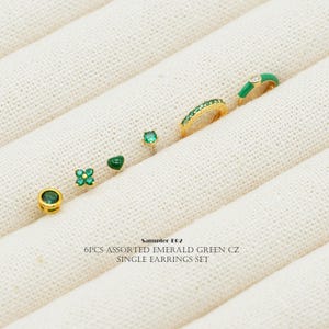 Sampler-E02, 6pcs Assorted Emerald Green CZ Single Earrings Set, Gold Plated over Brass, Dainty Tiny Stud Earrings, Hoop Earrings