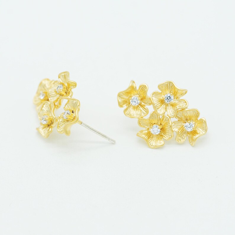 Flower Cluster Stud Earrings, P1003, Matte Gold plated Brass, 15X20.5mm, Floral Earrings with CZ, Botanical Jewelry Supplies image 3