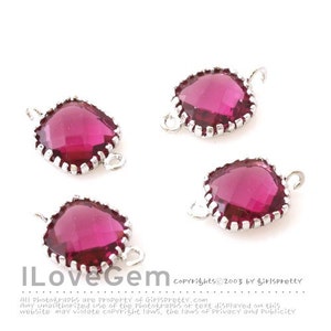 Ruby Color, 9mm Square Glass Connectors, P106, Rhodium Plated Brass, July Glass Birthstone