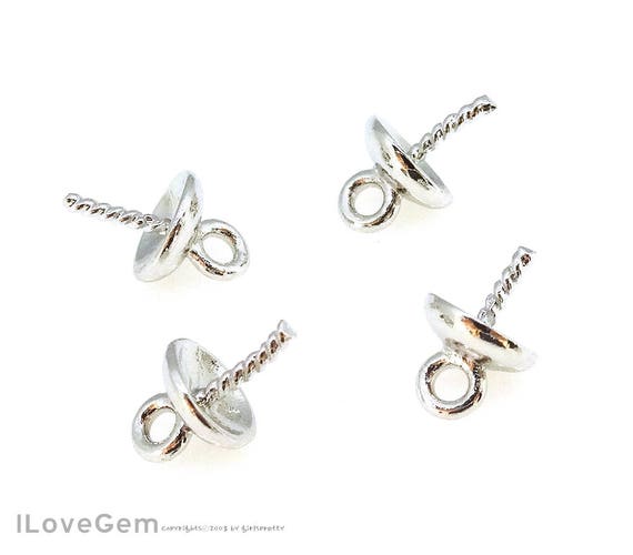 8pcs, NP-1982, Rhodium Plated over Brass, 5mm Simple Bead Cap Bail with peg, For Half Drilled Beads, Making Pearl Jewelry
