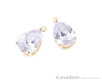 2pcs, NP-1554, Gold Plated, Clear Cubic, CZ Drop, Cubic Pendant, 11X16mm