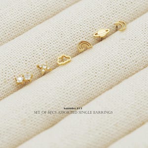 Sampler-E03, Set of 6pcs Assorted Single Earrings Set, Gold Plated over Brass, Dainty Tiny, Minimalist Stud Earrings, Daily Earrings