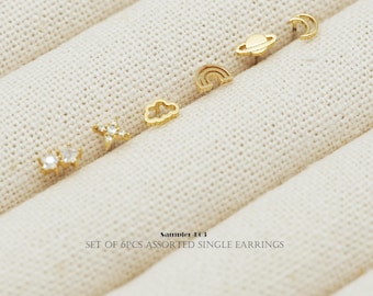 Sampler-E03, Set of 6pcs Assorted Single Earrings Set, Gold Plated over Brass, Dainty Tiny, Minimalist Stud Earrings, Daily Earrings