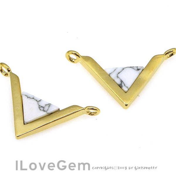 NP-1926 Gold, White Howlit, V Gemstone Pendant, Geometric Pendant, Statement necklace Pendant, 2pcs