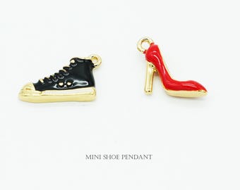 1pcs, NP-2444, Gold Plated, Enamel Painting, Black Sneakers Charm, Red Stiletto Heels Charm, Mini Shoe Necklace Pendant