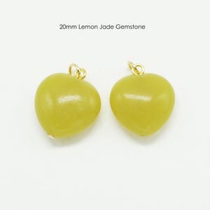 2PCS- Lemon Jade Gemstone Heart Pendant, NP-2664, Gold Plated, 20mm, Puffy Heart Gemstone Charm For Making Necklace