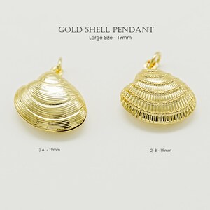 May include: Two gold-colored shell pendants, each approximately 0.75 inches in size, are displayed against a white background. The pendants are detailed with textured ridges and have a loop for attaching to a chain or other jewelry. The text "GOLD SHELL PENDANT" is at the top.