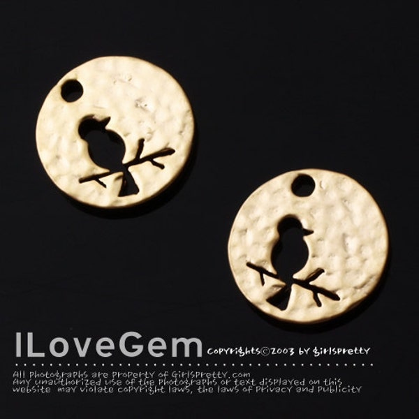 4pcs, NP-1347 Matt Gold plated, 11mm Disc Pendant, Bird Pendant, Birds Charm, Skylark Bird Necklace Pendant