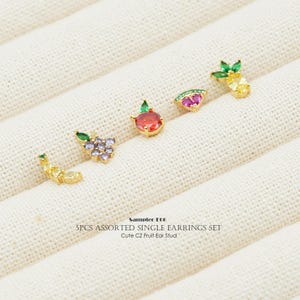 Sampler-E06, 5pcs Assorted Single Earrings Set, Gold Plated Brass, Cute CZ Fruit Ear Stud, Apple Banana Pineapple Watermelon Grape Earrings