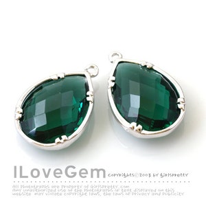SALE/ 10pcs// B057 Rhodium plated, Emerald Green, Glass Drop Pendant, Framed Glass Charm, Faceted Glass Teardrop, May Glass Birth stone