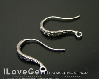 92.5 Sterling Silver Ear Wire Hooks, LUX461, Rhodium plated over 925 Silver, Earring Hooks, Cubic Zirconia Embedded