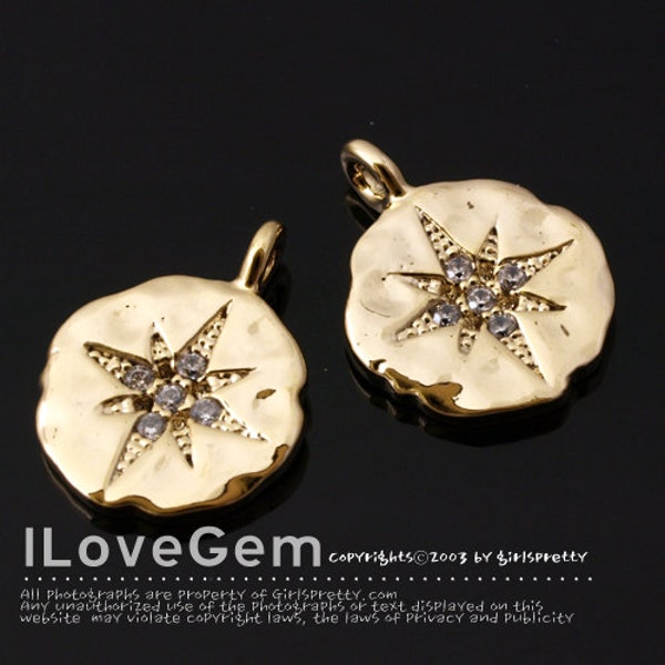 SALE/ 10pcs// NP-1864 Gold Plated, 11mm Round textured, Large Size, CZ Star, North Star Pendant, North Star Charm, Cubic Star Pendant