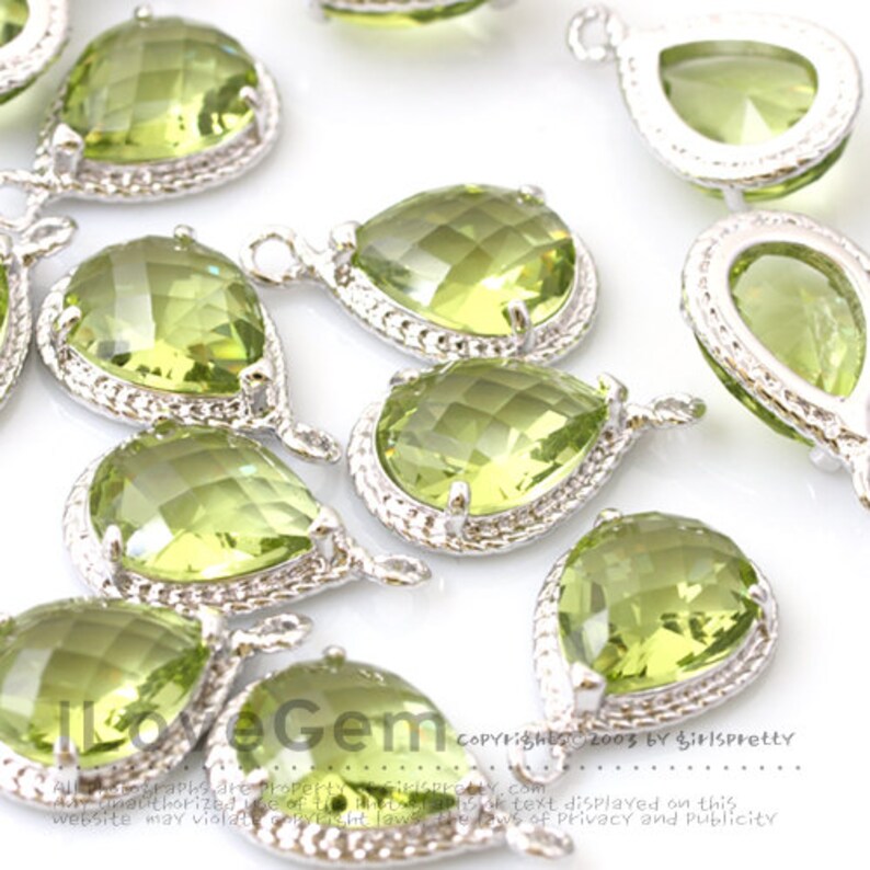 SALE 10pcs B083 Rhodium plated Peridot Green Framed Glass Pear Cut drop pendant